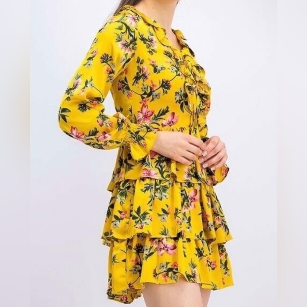 Avec Les Filles Women’s Yellow Floral Mini Tiered Long Sleeve Dress Size 8 $150